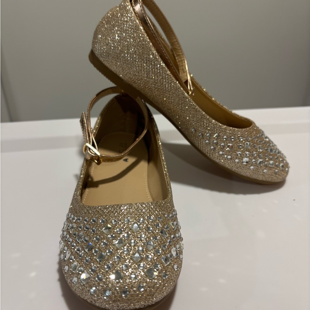 Tip Top Kids Gold Glitter Rhinestone Ballet Style Dress Shoes Girls Size 3